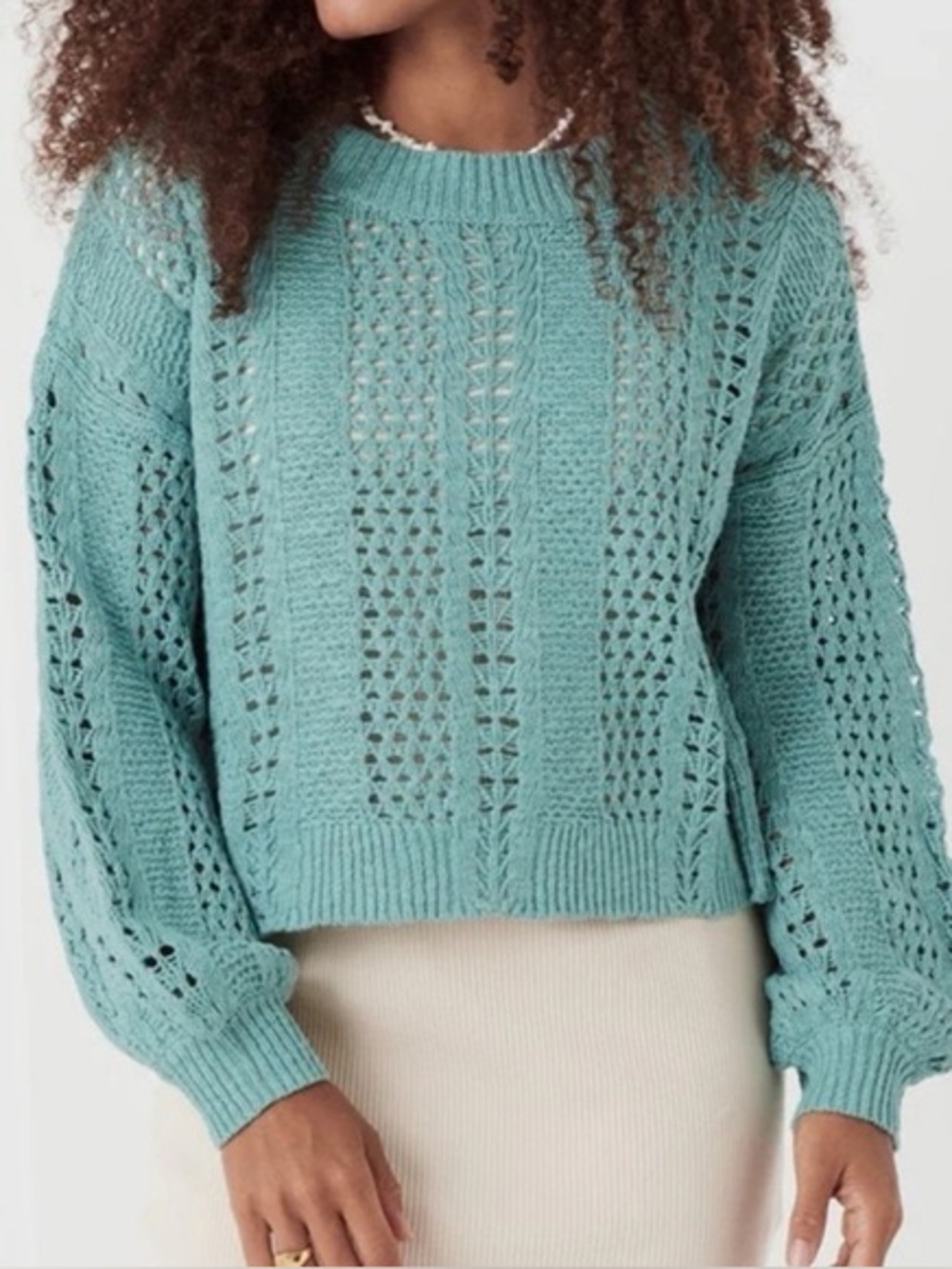 Spell Mint Green Openwork Crewneck Sweater